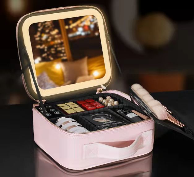 Makeup bag with light and mirror